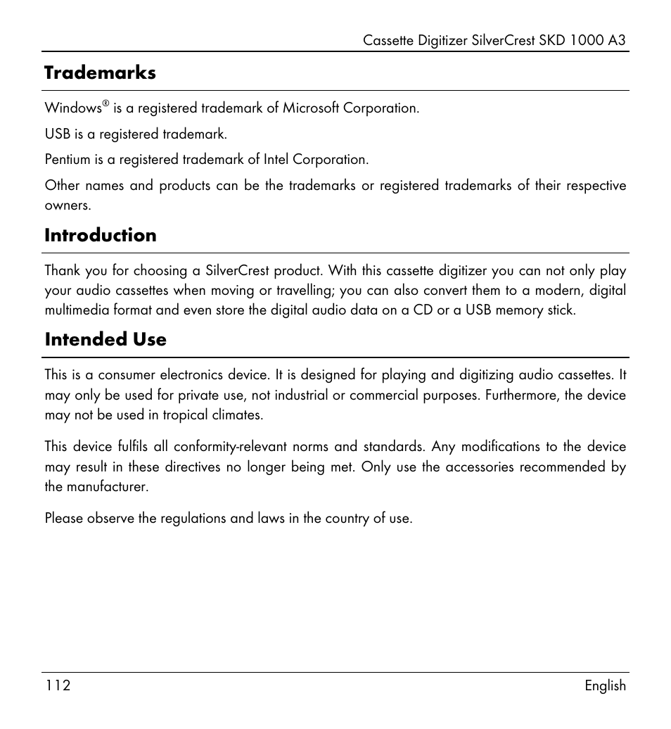 Trademarks, Introduction, Intended use | Silvercrest SKD 1000 A3 User Manual | Page 114 / 140