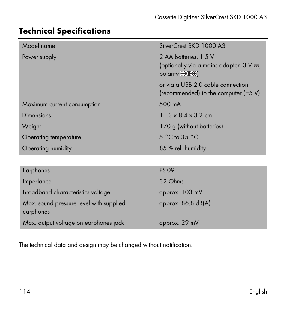 Technical specifications | Silvercrest SKD 1000 A3 User Manual | Page 116 / 140