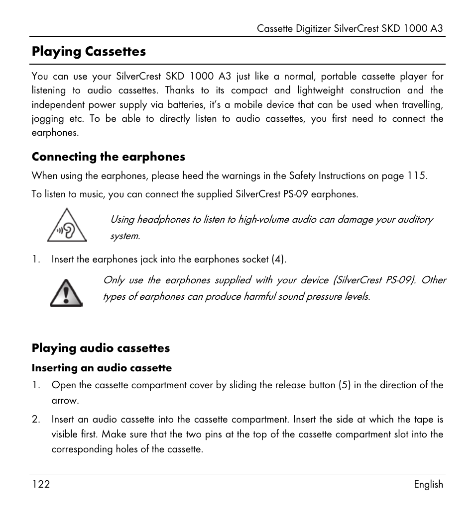 Playing cassettes | Silvercrest SKD 1000 A3 User Manual | Page 124 / 140