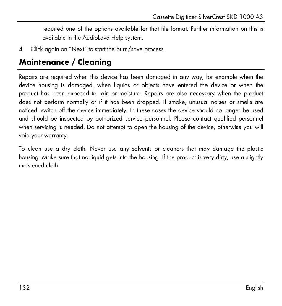 Maintenance / cleaning | Silvercrest SKD 1000 A3 User Manual | Page 134 / 140