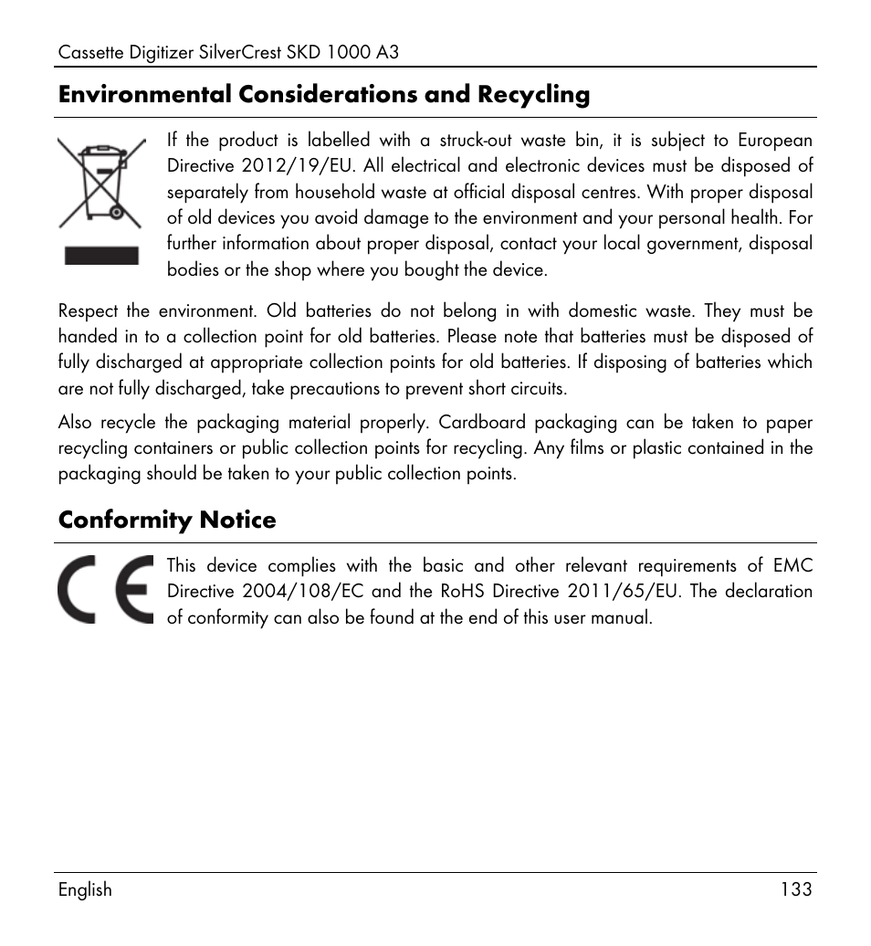 Environmental considerations and recycling, Conformity notice | Silvercrest SKD 1000 A3 User Manual | Page 135 / 140