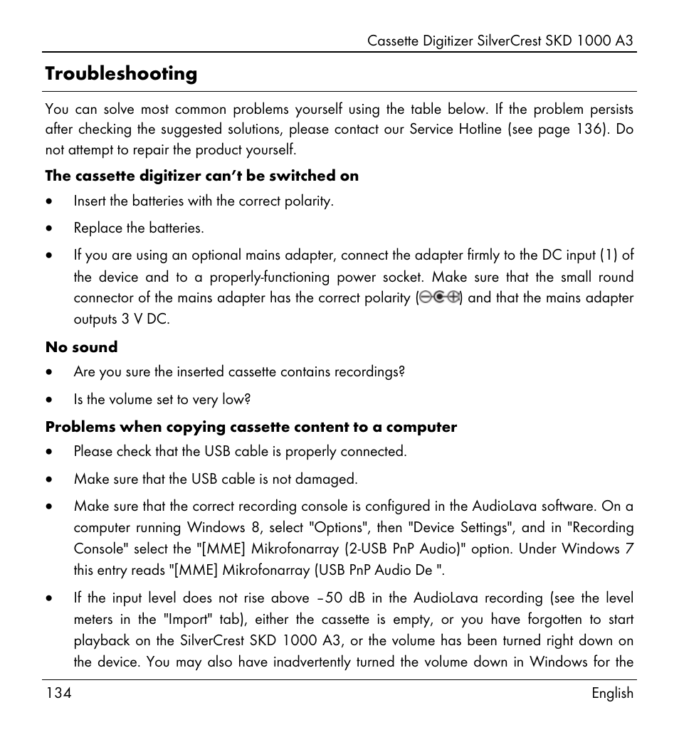 Troubleshooting | Silvercrest SKD 1000 A3 User Manual | Page 136 / 140