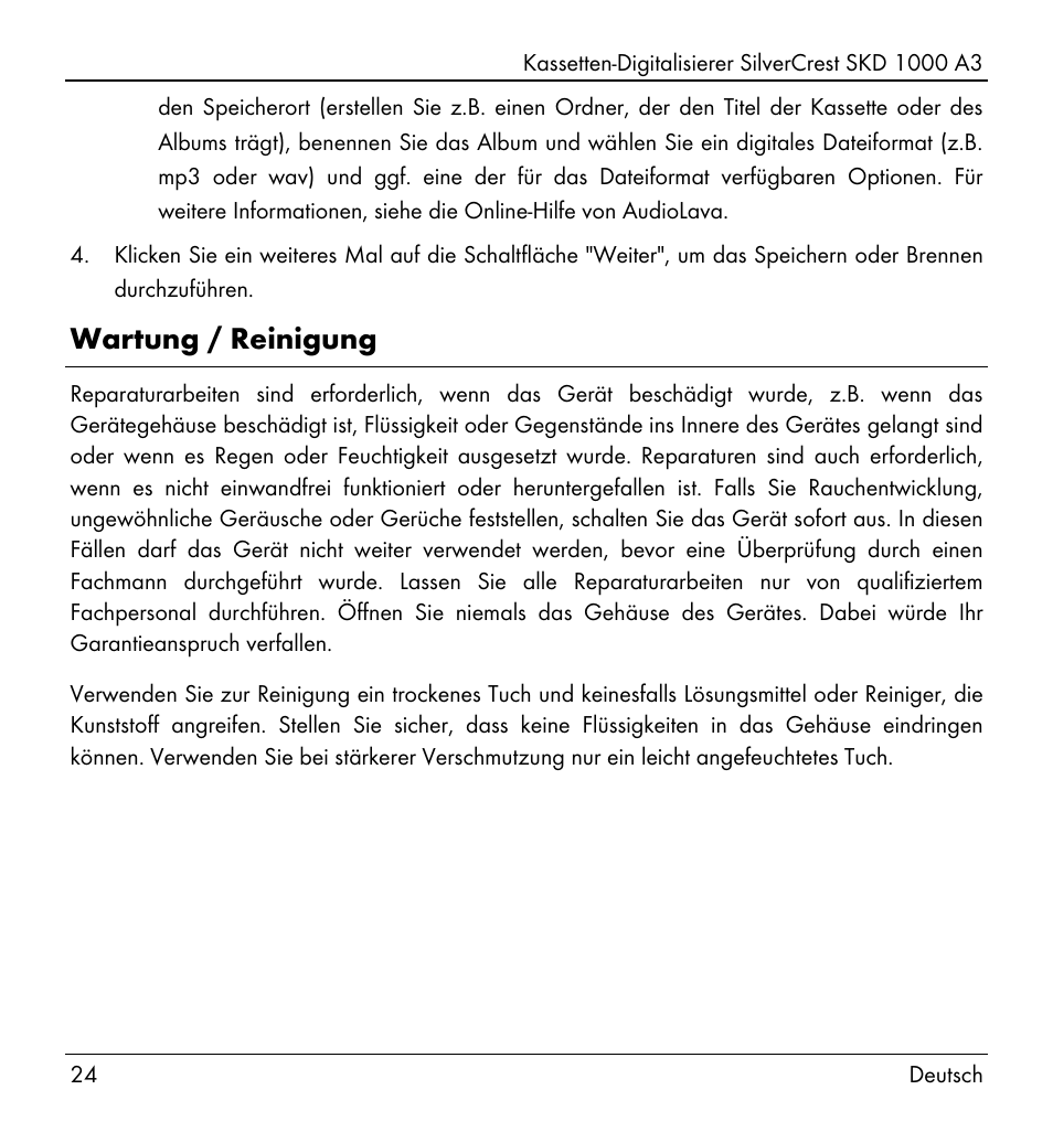 Wartung / reinigung | Silvercrest SKD 1000 A3 User Manual | Page 26 / 140