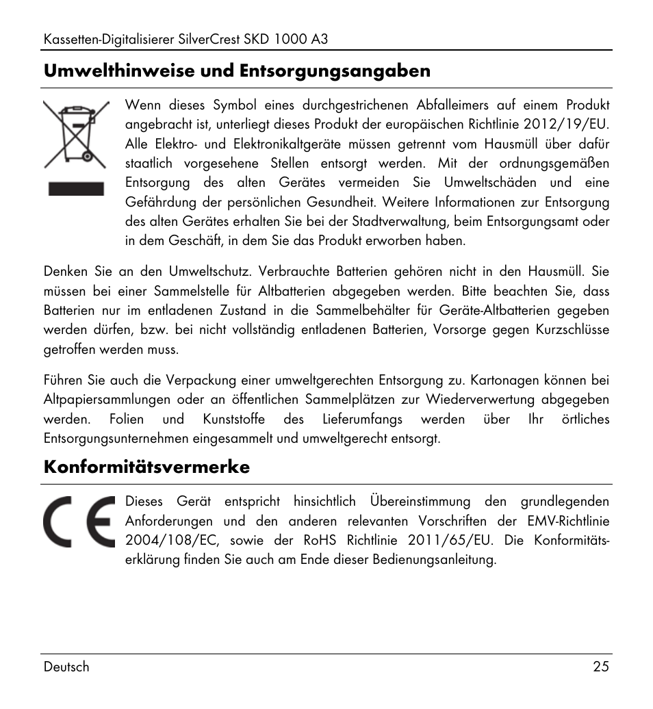 Umwelthinweise und entsorgungsangaben, Konformitätsvermerke | Silvercrest SKD 1000 A3 User Manual | Page 27 / 140