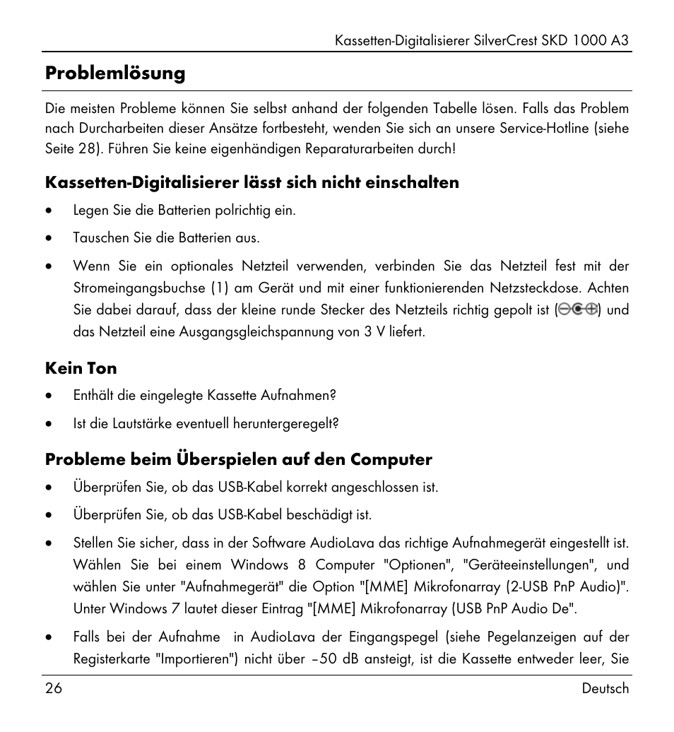 Problemlösung | Silvercrest SKD 1000 A3 User Manual | Page 28 / 140