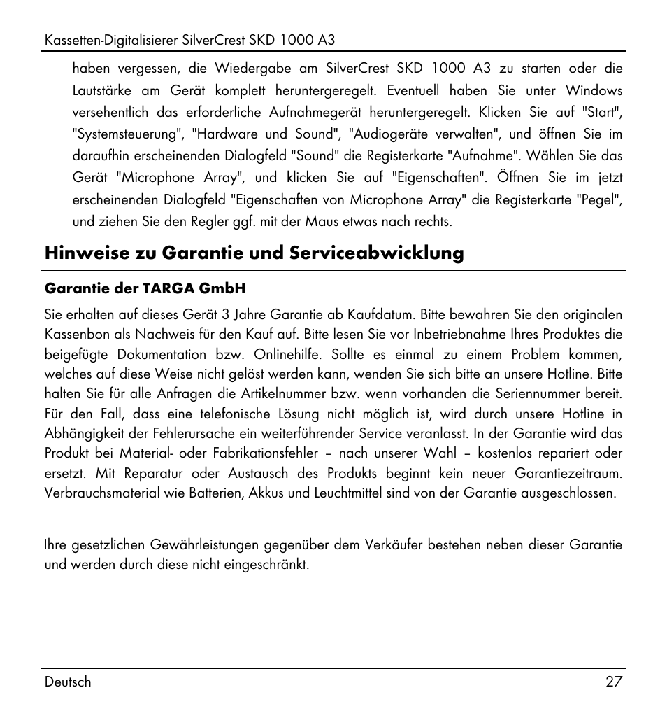 Hinweise zu garantie und serviceabwicklung | Silvercrest SKD 1000 A3 User Manual | Page 29 / 140