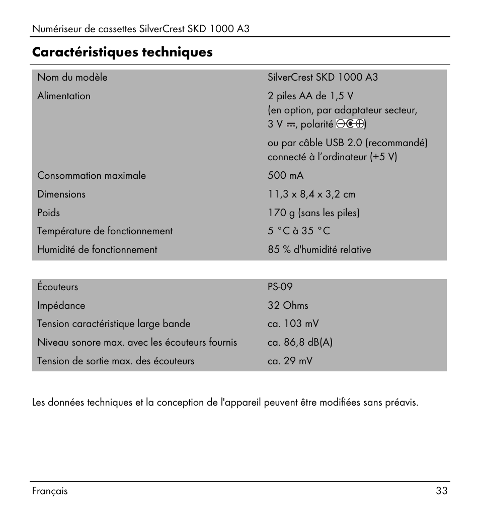 Caractéristiques techniques | Silvercrest SKD 1000 A3 User Manual | Page 35 / 140