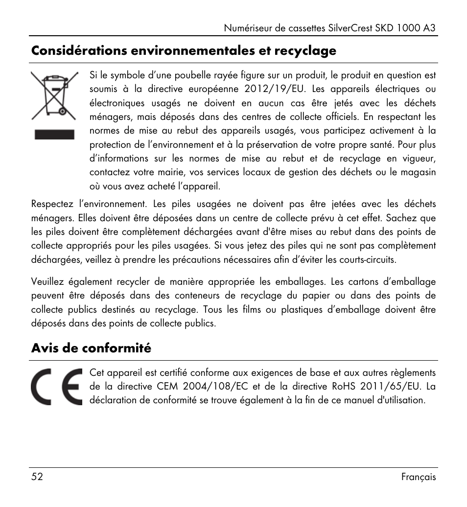 Considérations environnementales et recyclage, Avis de conformité | Silvercrest SKD 1000 A3 User Manual | Page 54 / 140