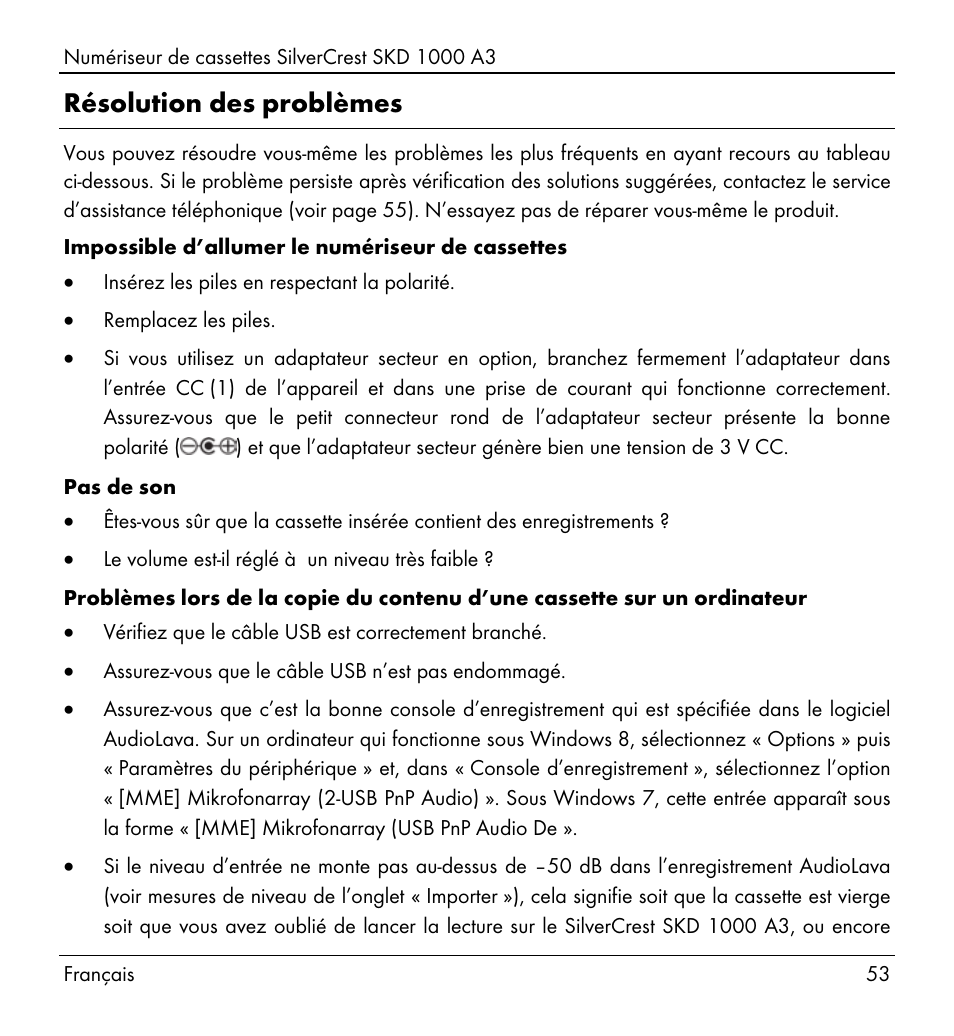Résolution des problèmes | Silvercrest SKD 1000 A3 User Manual | Page 55 / 140