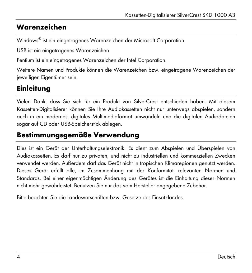 Warenzeichen, Einleitung, Bestimmungsgemäße verwendung | Silvercrest SKD 1000 A3 User Manual | Page 6 / 140