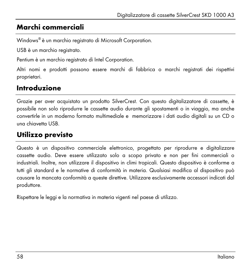 Marchi commerciali, Introduzione, Utilizzo previsto | Silvercrest SKD 1000 A3 User Manual | Page 60 / 140