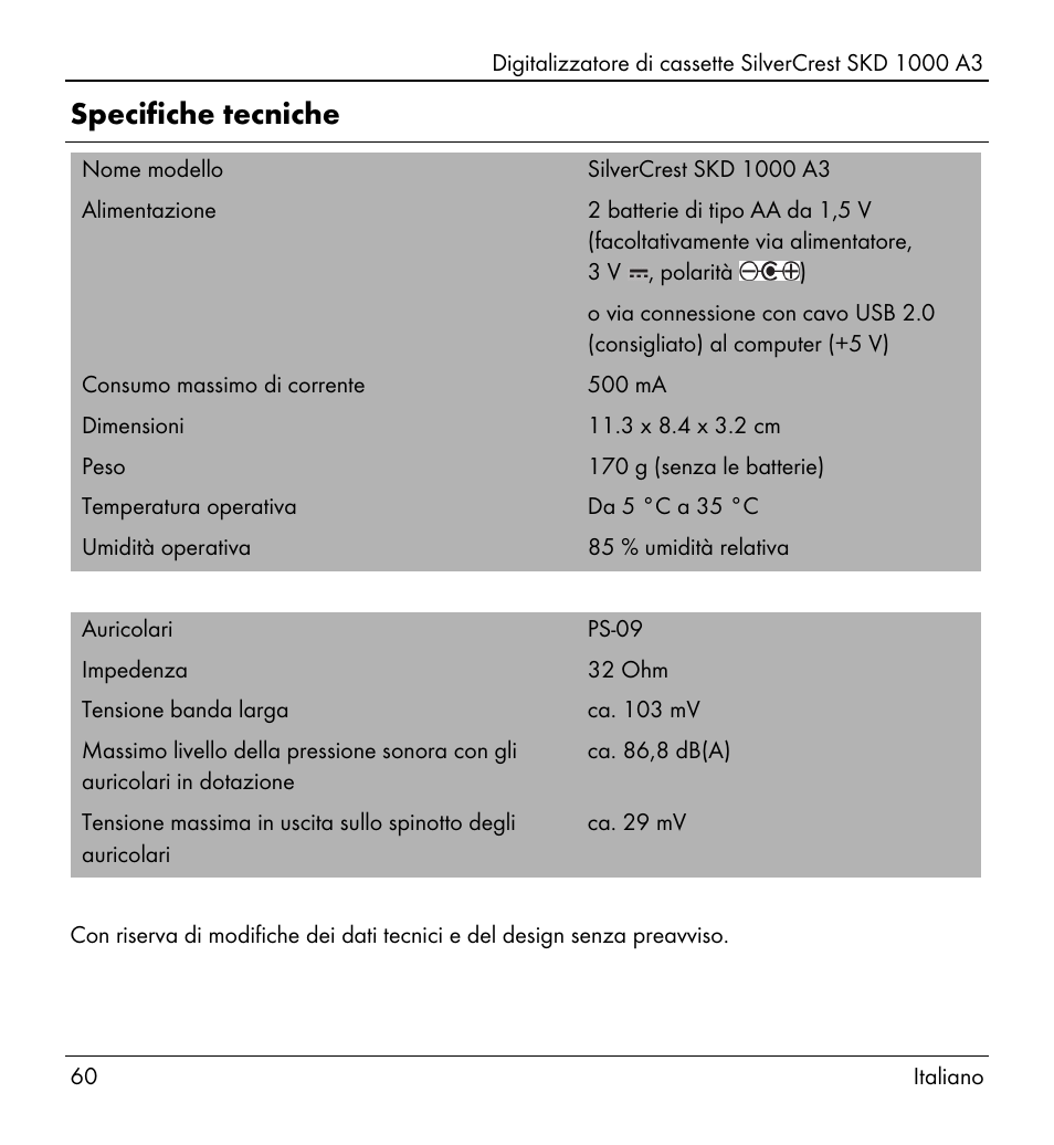 Specifiche tecniche | Silvercrest SKD 1000 A3 User Manual | Page 62 / 140
