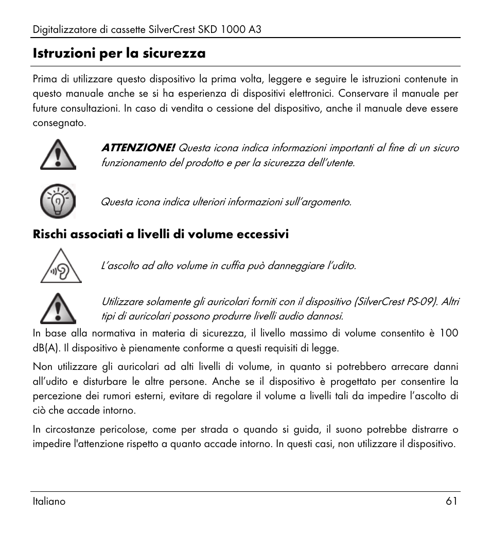 Istruzioni per la sicurezza | Silvercrest SKD 1000 A3 User Manual | Page 63 / 140
