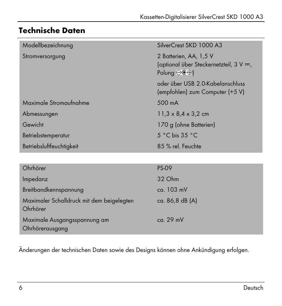 Technische daten | Silvercrest SKD 1000 A3 User Manual | Page 8 / 140