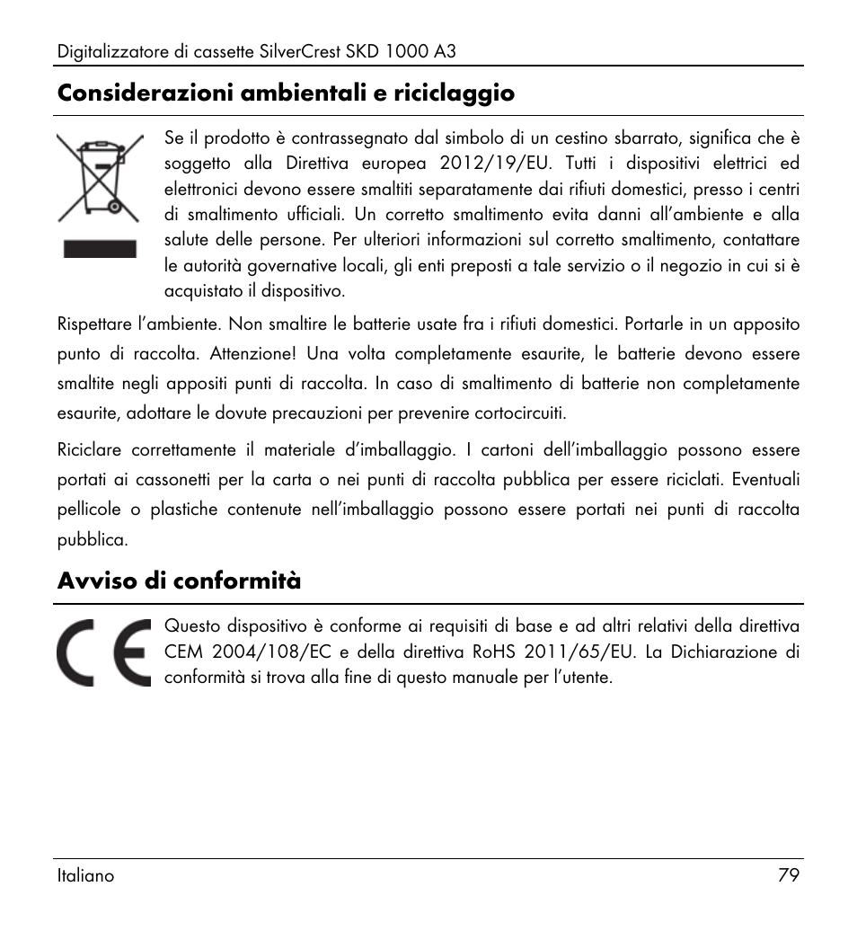 Considerazioni ambientali e riciclaggio, Avviso di conformità | Silvercrest SKD 1000 A3 User Manual | Page 81 / 140