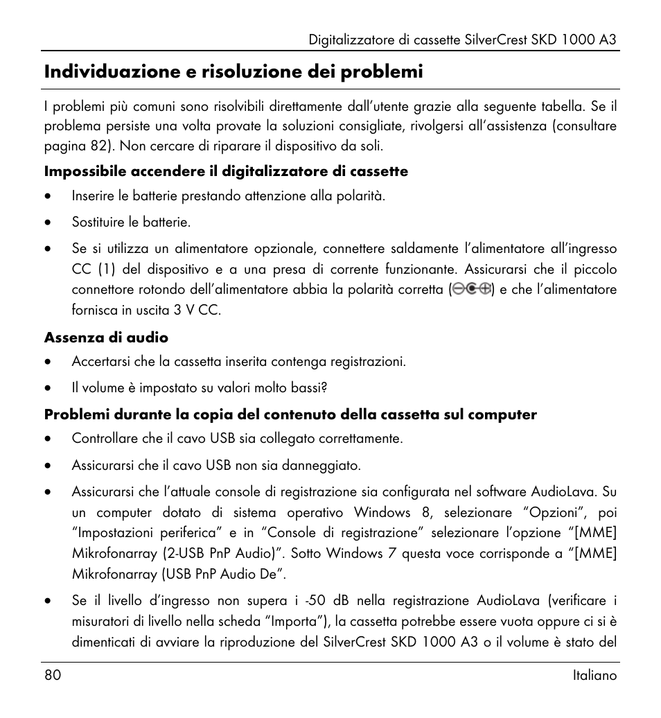 Individuazione e risoluzione dei problemi | Silvercrest SKD 1000 A3 User Manual | Page 82 / 140