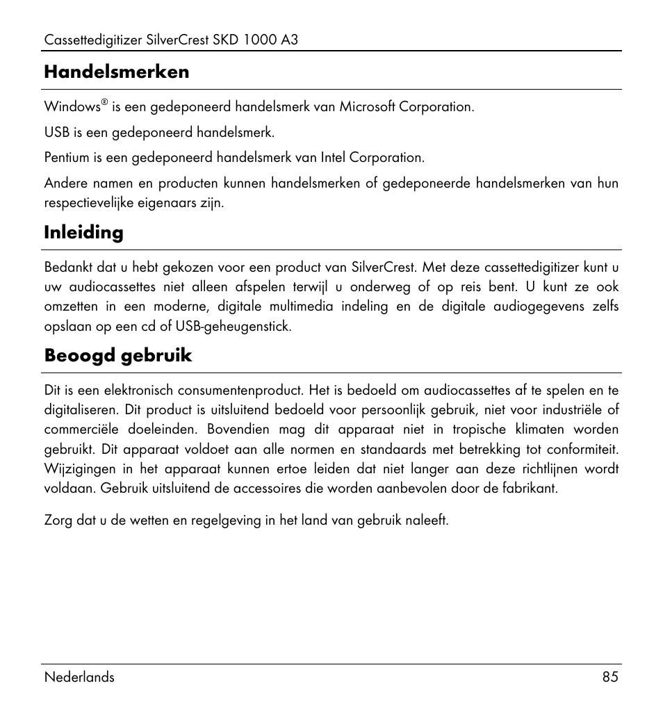 Handelsmerken, Inleiding, Beoogd gebruik | Silvercrest SKD 1000 A3 User Manual | Page 87 / 140