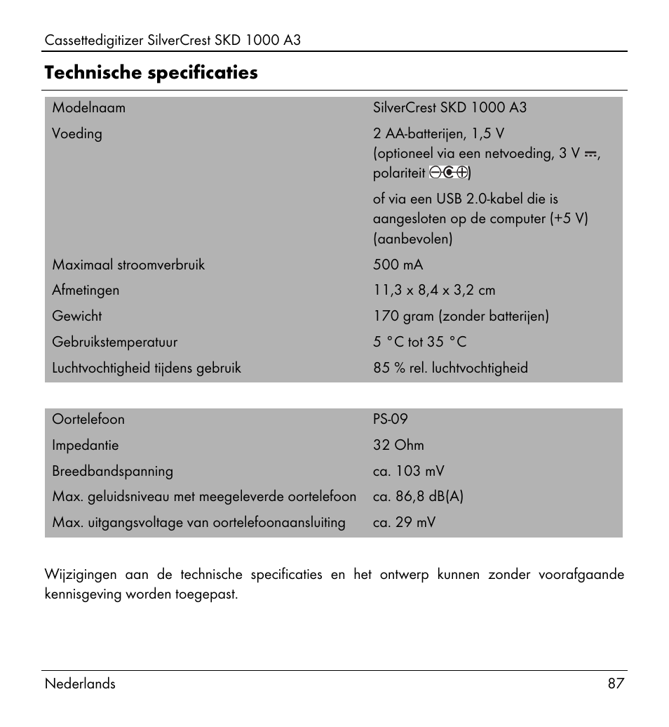 Technische specificaties | Silvercrest SKD 1000 A3 User Manual | Page 89 / 140
