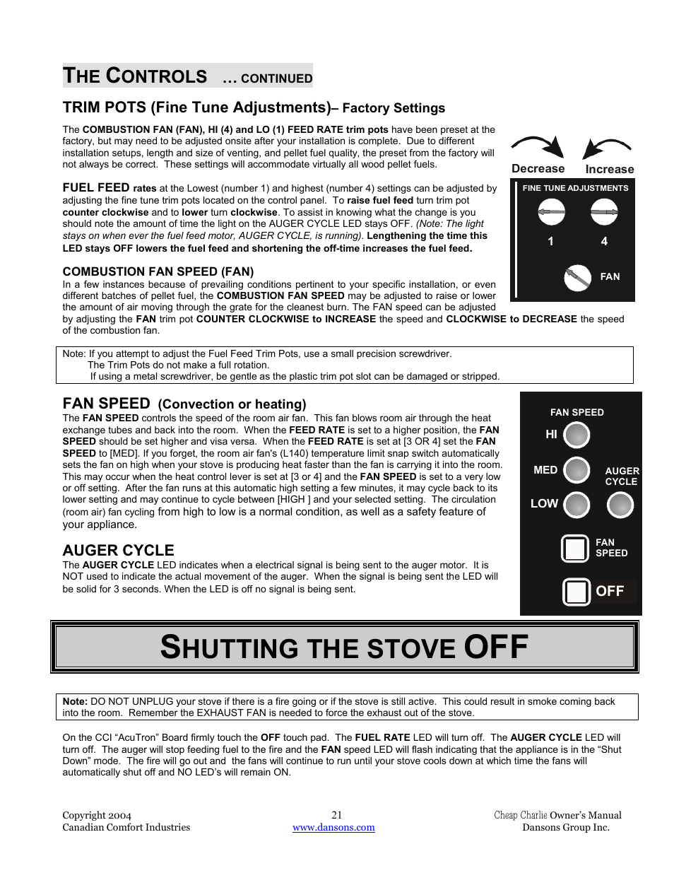 Hutting the stove, Ontrols, Trim pots (fine tune adjustments) | Fan speed, Auger cycle | Dansons Group HCF300 User Manual | Page 21 / 39