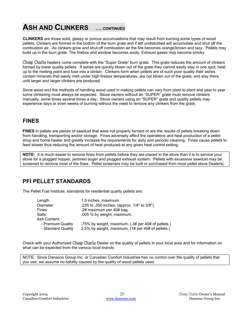 Sh and, Linkers, Fines | Pfi pellet standards | Dansons Group HCF300 User Manual | Page 25 / 39