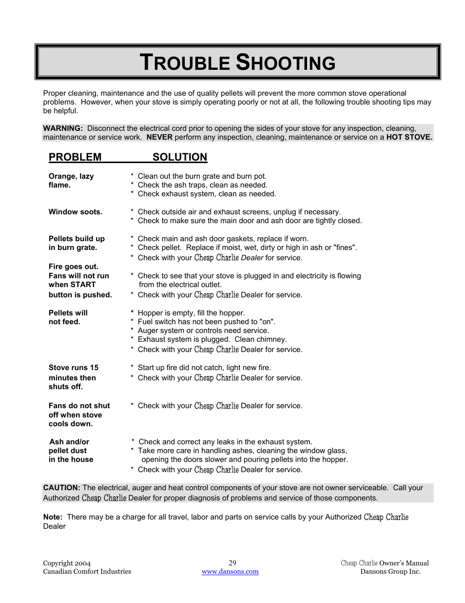 Rouble, Hooting, Problem solution | Dansons Group HCF300 User Manual | Page 29 / 39