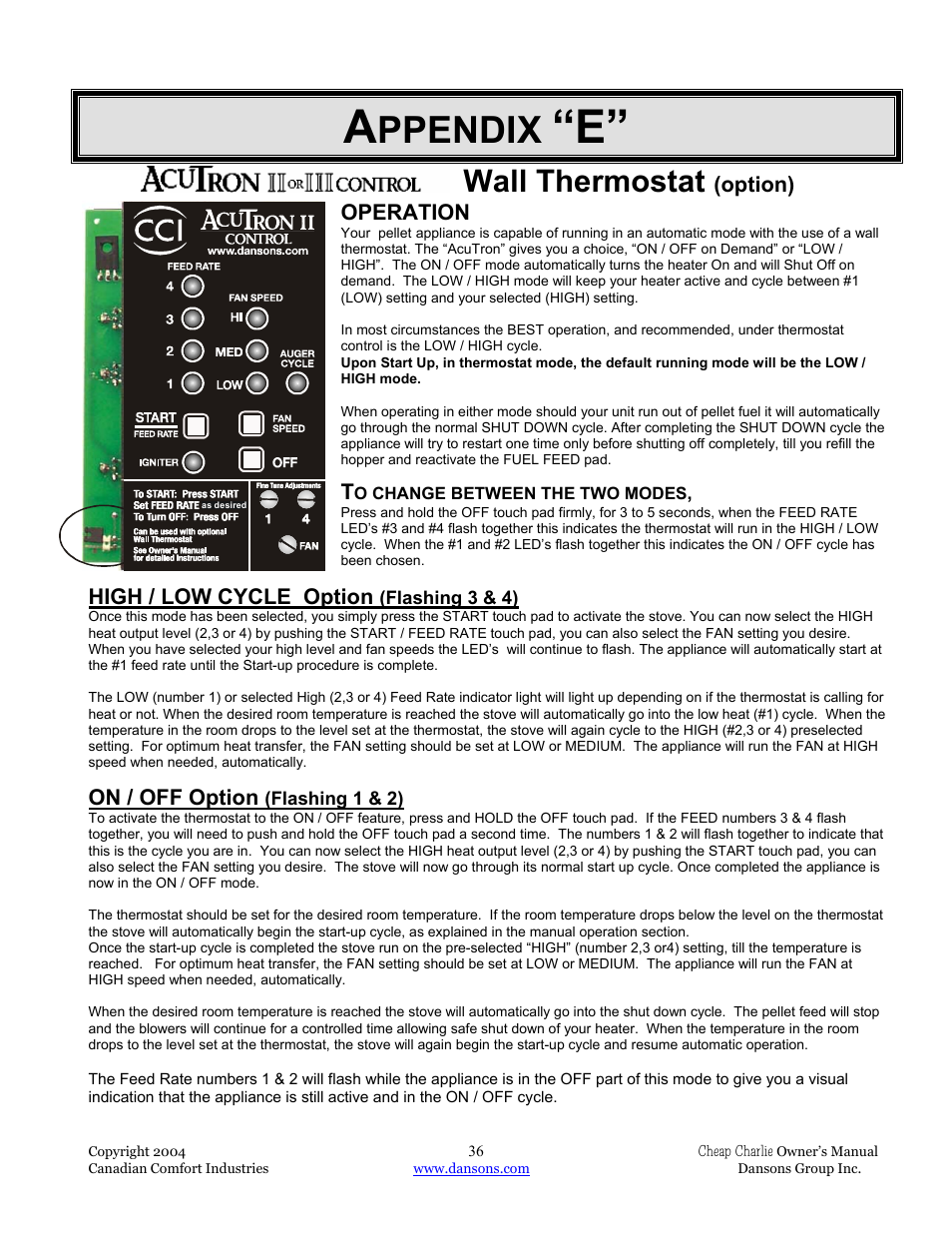 Ppendix, Wall thermostat | Dansons Group HCF300 User Manual | Page 36 / 39