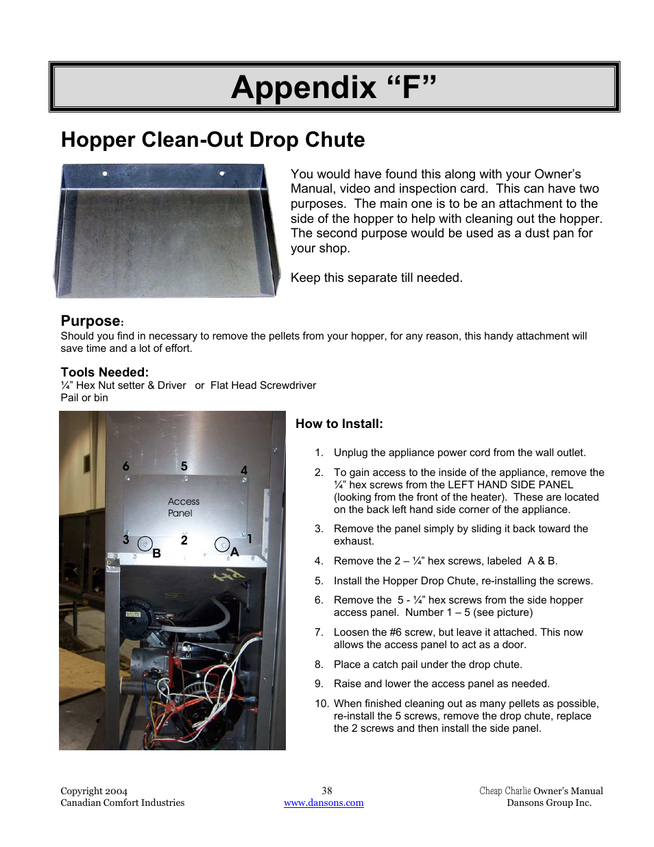 Appendix “f, Hopper clean-out drop chute, Purpose | Dansons Group HCF300 User Manual | Page 38 / 39