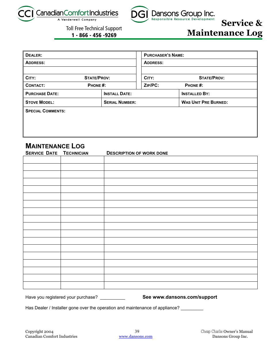 Service & maintenance log | Dansons Group HCF300 User Manual | Page 39 / 39