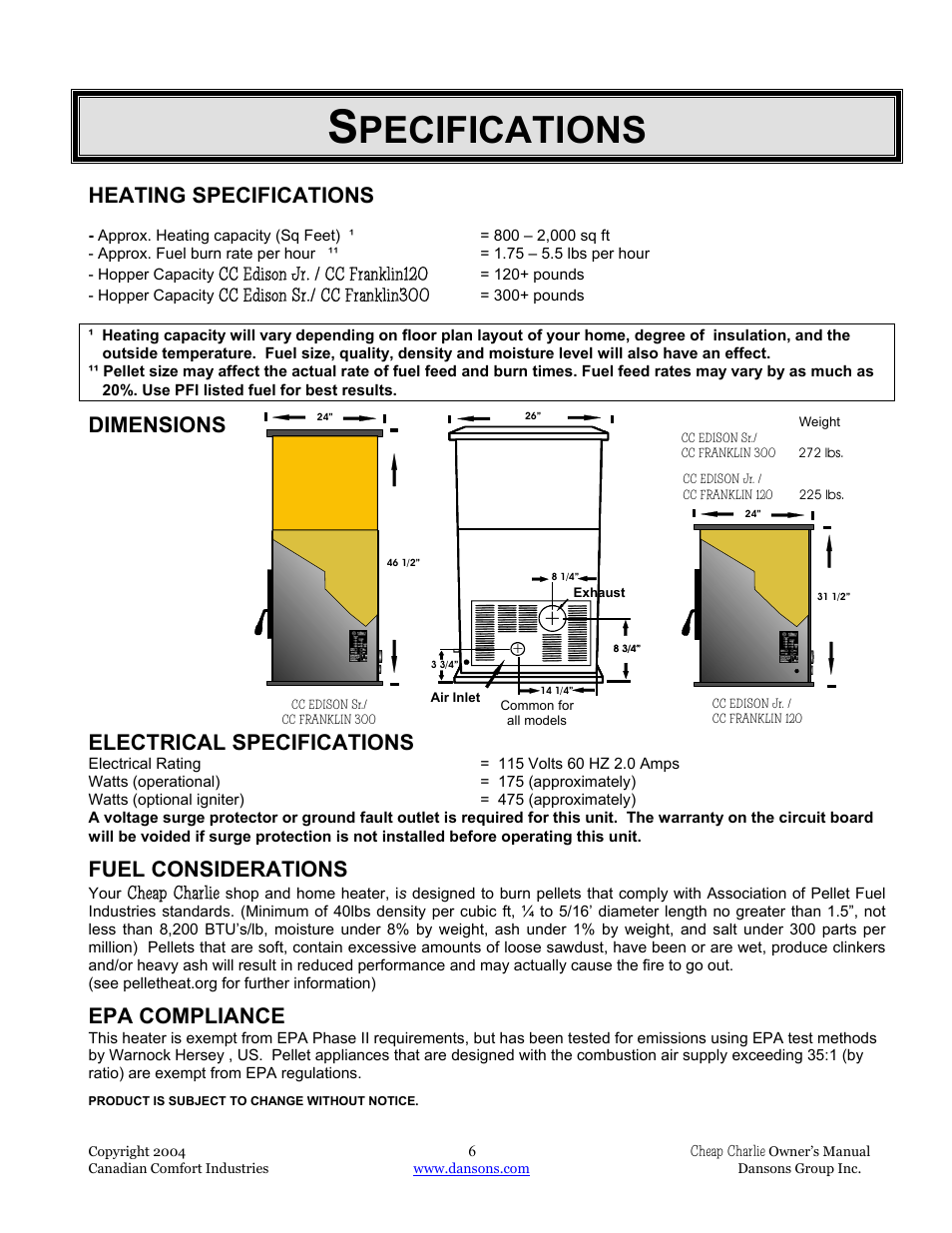 Pecifications, Heating specifications, Dimensions | Electrical specifications, Fuel considerations, Epa compliance | Dansons Group HCF300 User Manual | Page 6 / 39