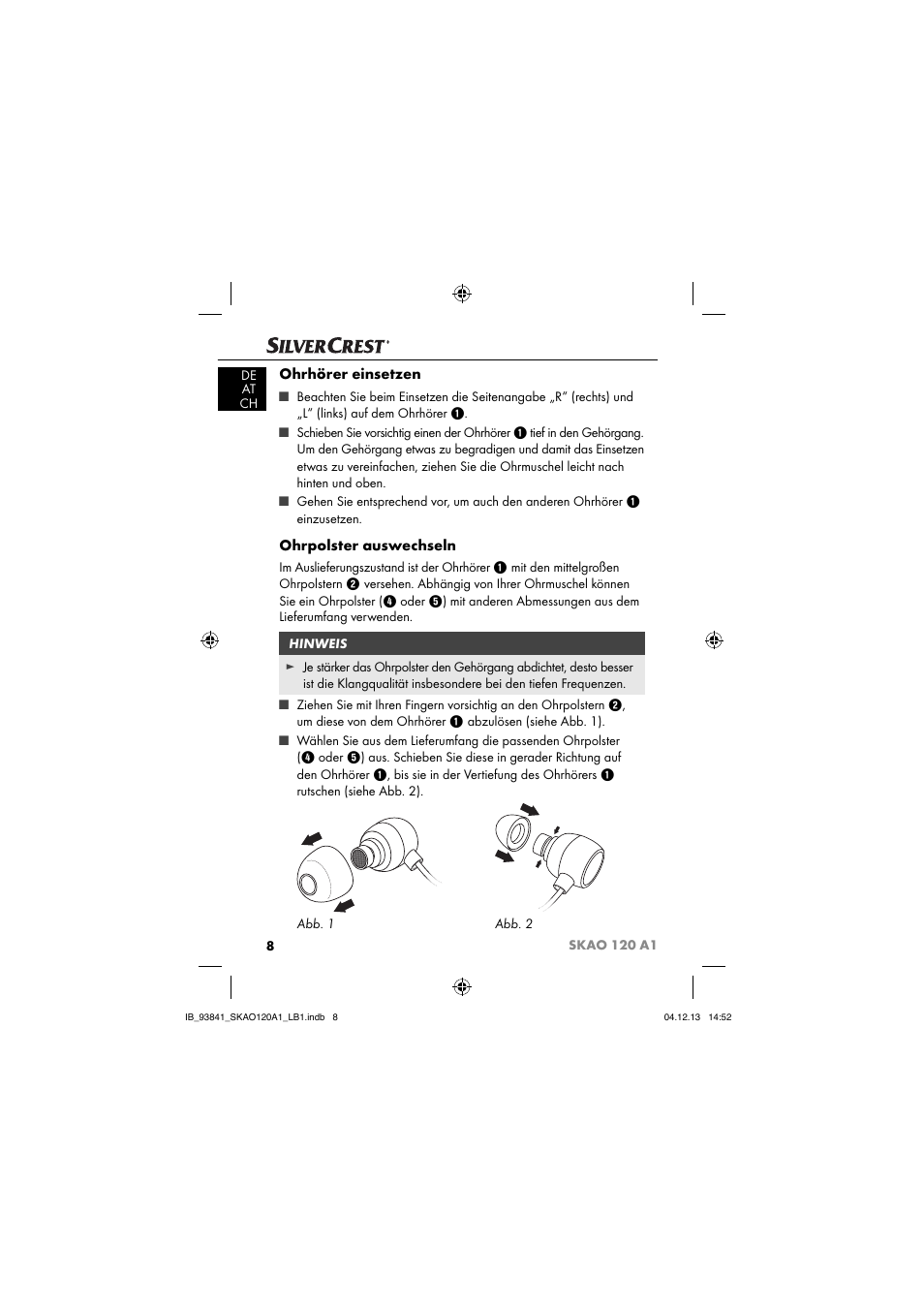 Ohrhörer einsetzen, Ohrpolster auswechseln | Silvercrest SKAO 120 A1 User Manual | Page 11 / 59