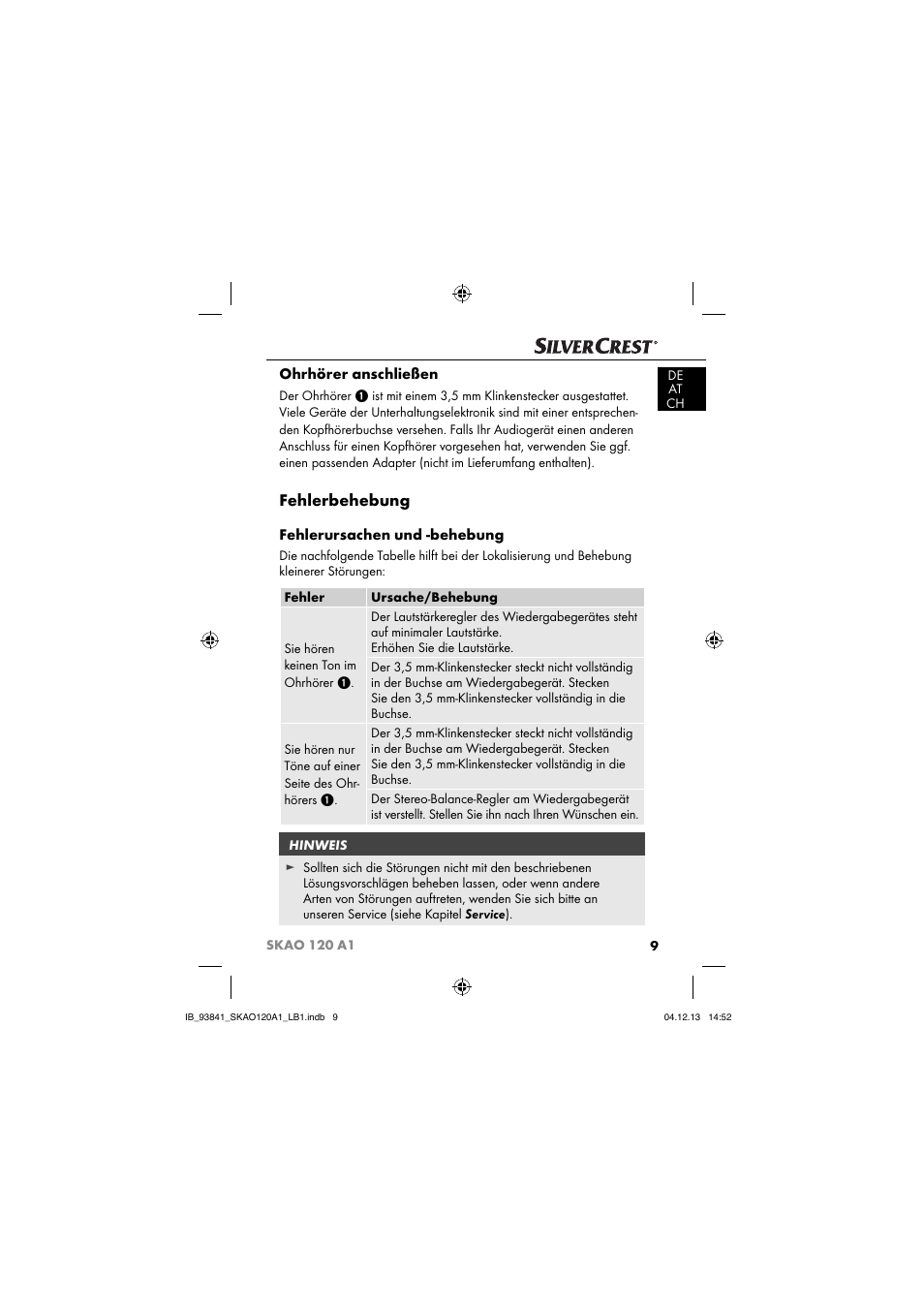 Fehlerbehebung, Ohrhörer anschließen, Fehlerursachen und -behebung | Silvercrest SKAO 120 A1 User Manual | Page 12 / 59