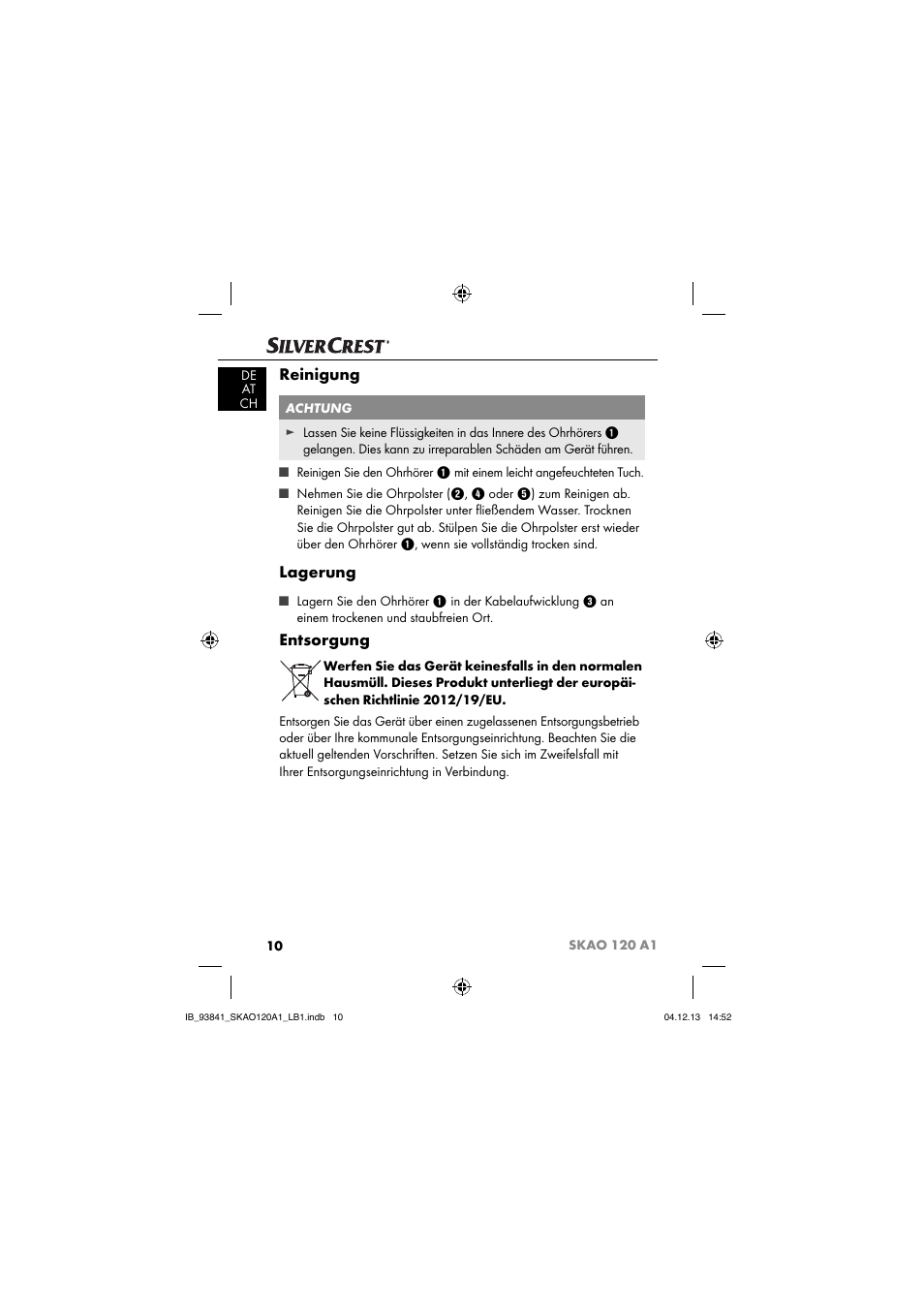 Reinigung, Lagerung, Entsorgung | Silvercrest SKAO 120 A1 User Manual | Page 13 / 59