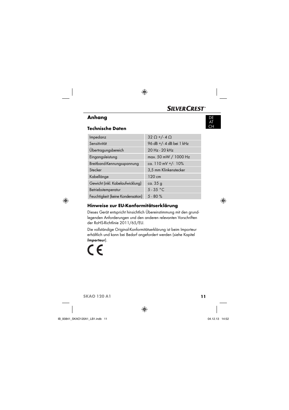 Anhang, Technische daten, Hinweise zur eu-konformitätserklärung | Silvercrest SKAO 120 A1 User Manual | Page 14 / 59