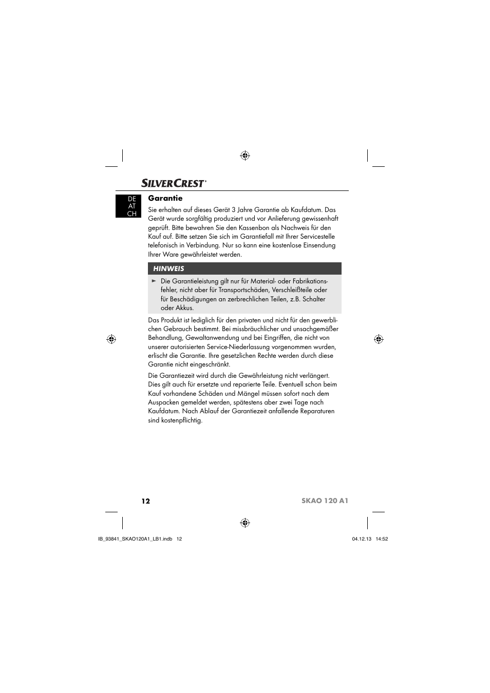 Garantie | Silvercrest SKAO 120 A1 User Manual | Page 15 / 59