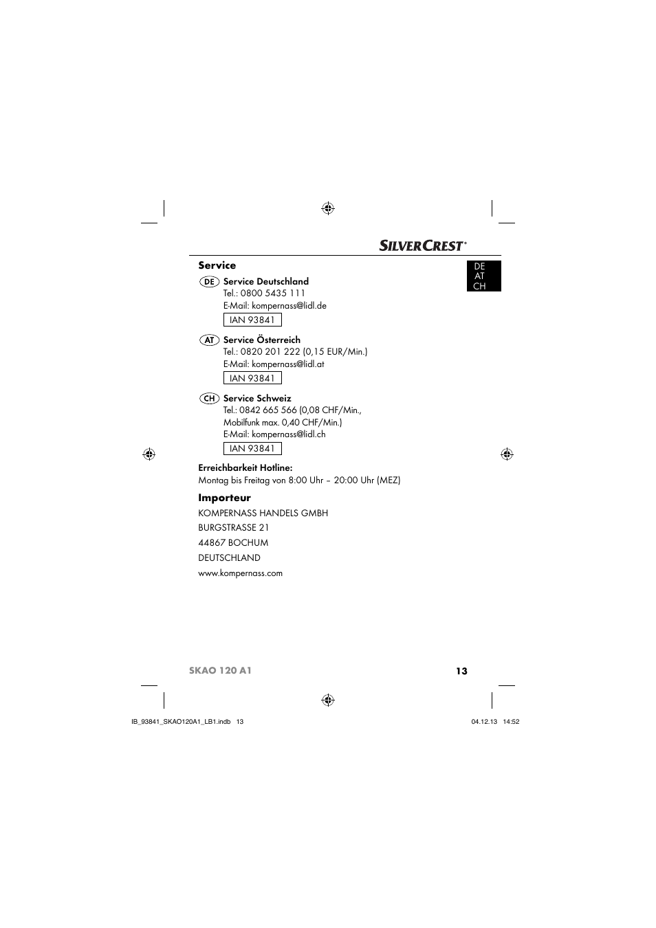 Service, Importeur | Silvercrest SKAO 120 A1 User Manual | Page 16 / 59