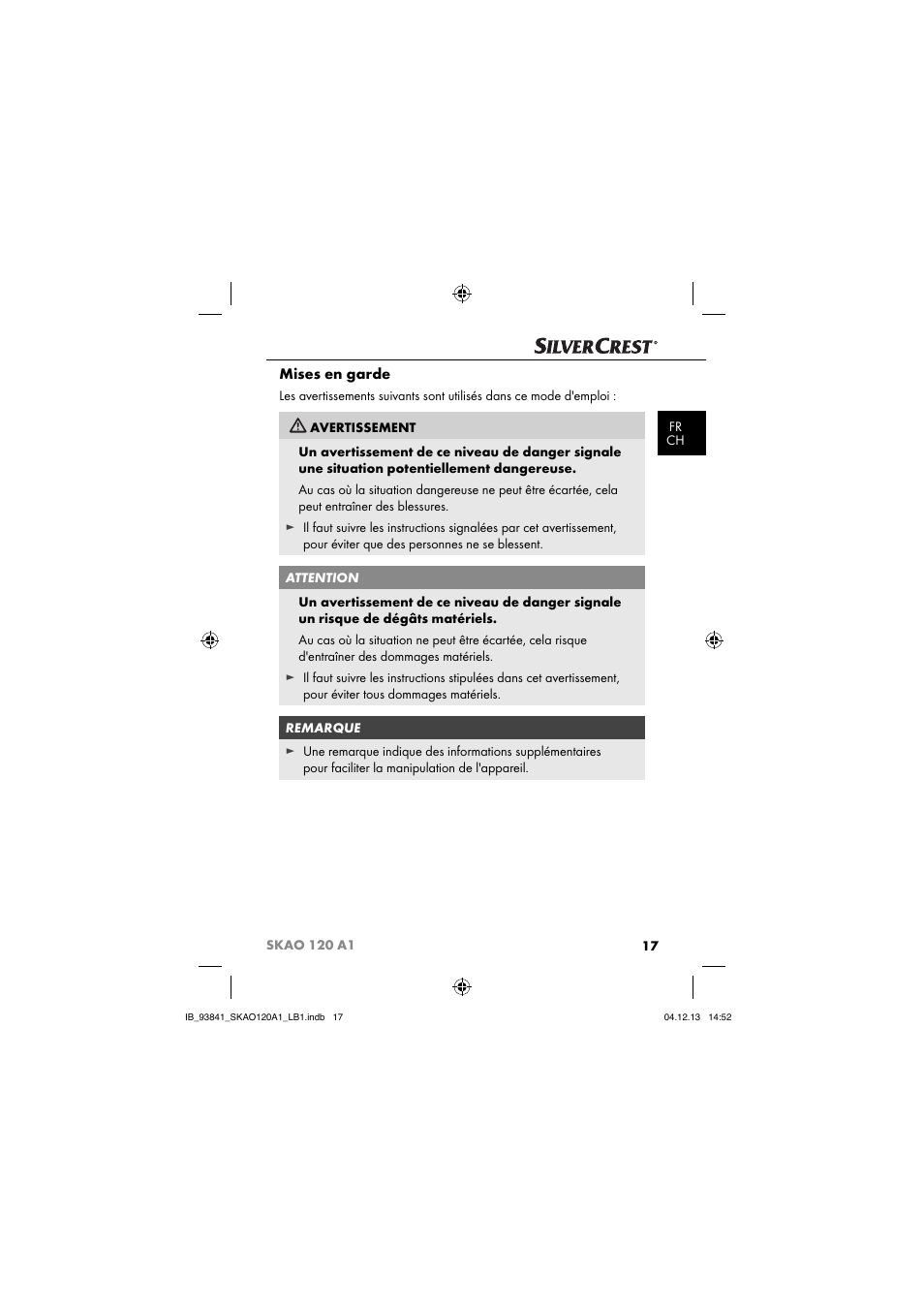 Mises en garde | Silvercrest SKAO 120 A1 User Manual | Page 20 / 59