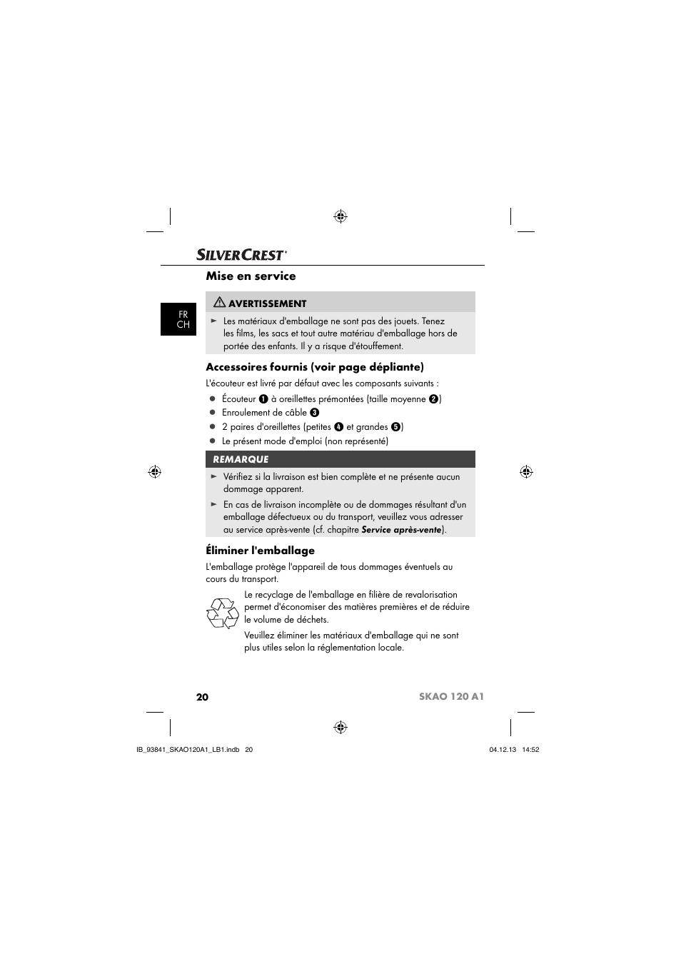 Mise en service, Accessoires fournis (voir page dépliante), Éliminer l'emballage | Silvercrest SKAO 120 A1 User Manual | Page 23 / 59