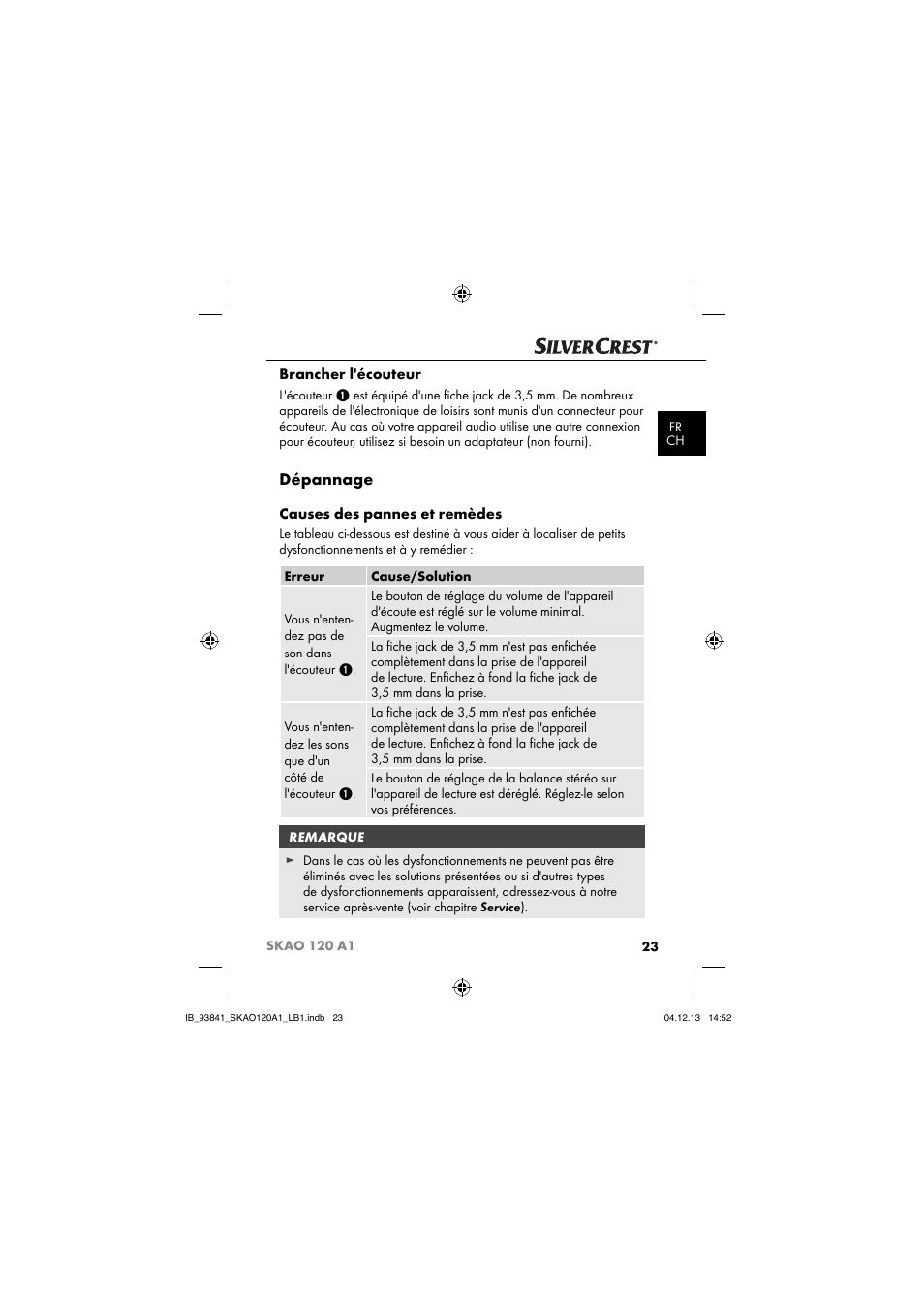 Dépannage, Brancher l'écouteur, Causes des pannes et remèdes | Silvercrest SKAO 120 A1 User Manual | Page 26 / 59