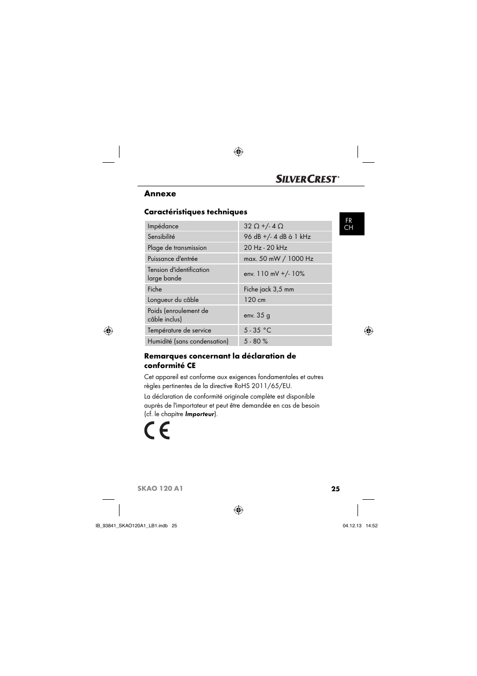 Annexe, Caractéristiques techniques | Silvercrest SKAO 120 A1 User Manual | Page 28 / 59