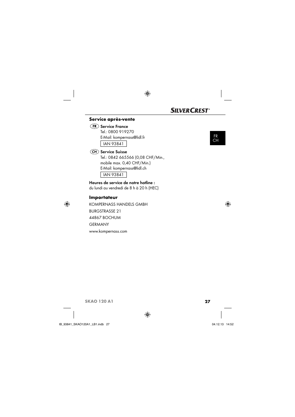 Service après-vente, Importateur | Silvercrest SKAO 120 A1 User Manual | Page 30 / 59