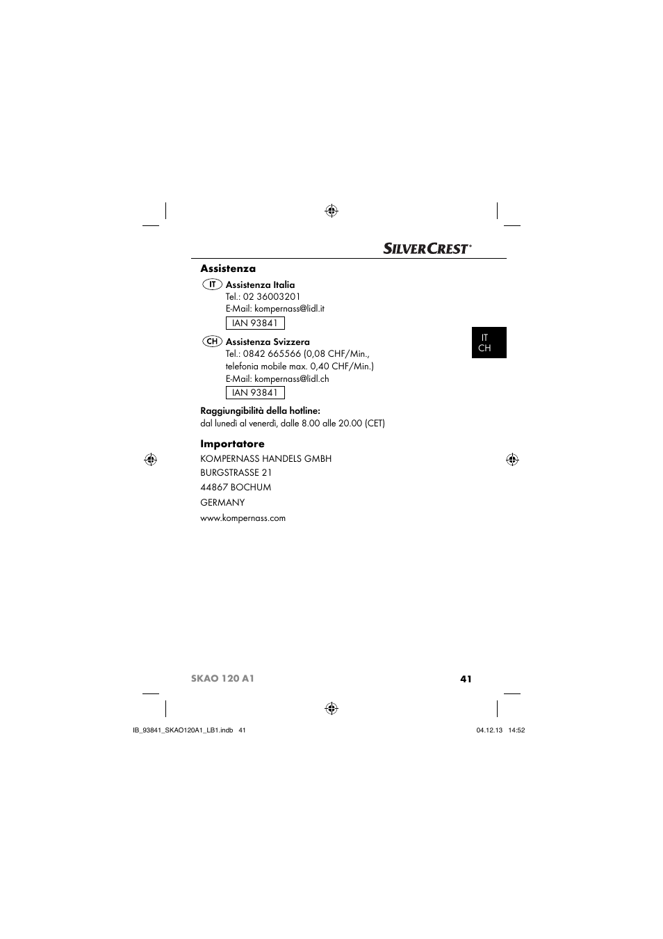 Assistenza, Importatore | Silvercrest SKAO 120 A1 User Manual | Page 44 / 59