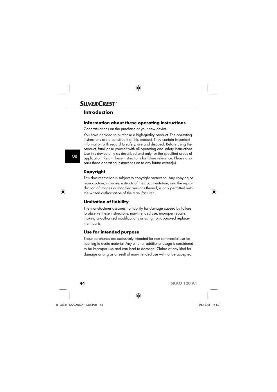 Introduction, Information about these operating instructions, Copyright | Limitation of liability, Use for intended purpose | Silvercrest SKAO 120 A1 User Manual | Page 47 / 59