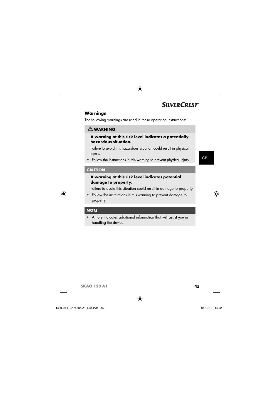 Warnings | Silvercrest SKAO 120 A1 User Manual | Page 48 / 59