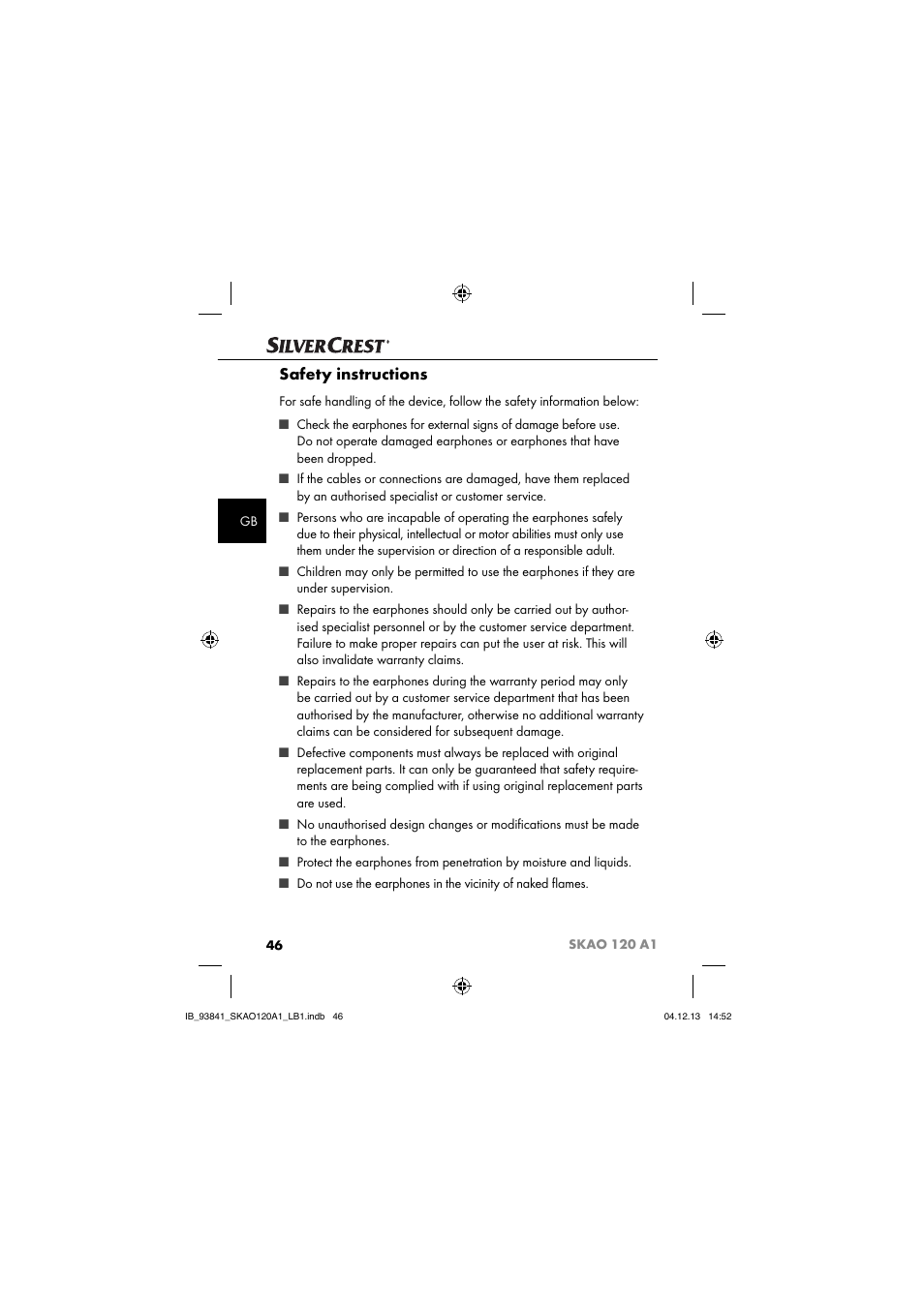 Safety instructions | Silvercrest SKAO 120 A1 User Manual | Page 49 / 59