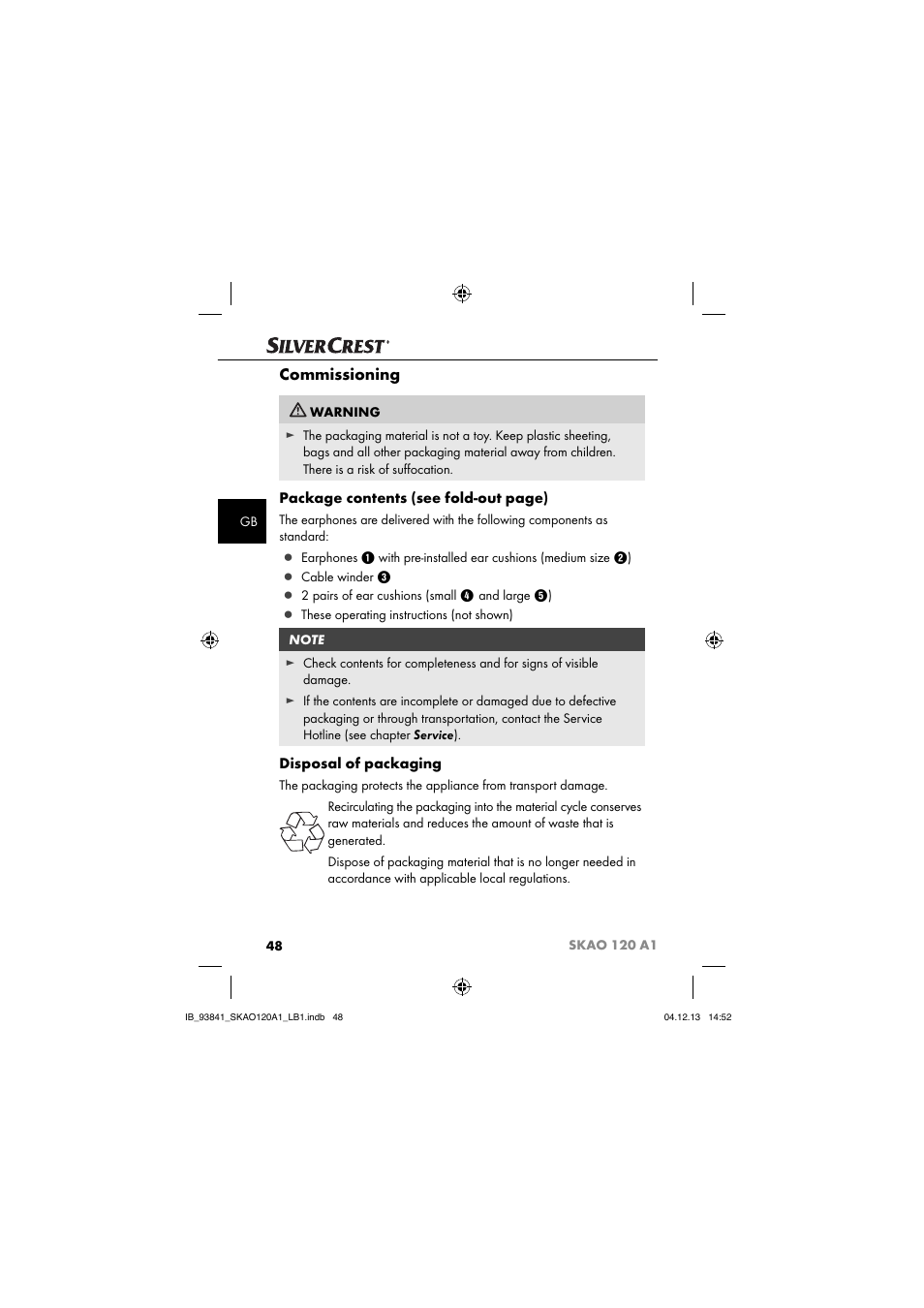 Commissioning, Package contents (see fold-out page), Disposal of packaging | Silvercrest SKAO 120 A1 User Manual | Page 51 / 59