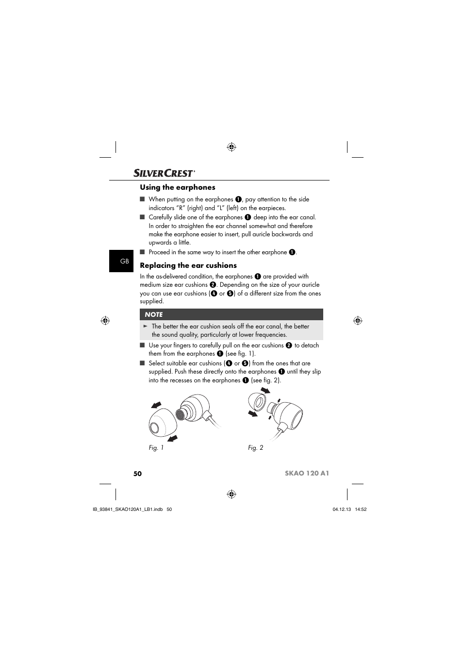 Using the earphones, Replacing the ear cushions | Silvercrest SKAO 120 A1 User Manual | Page 53 / 59