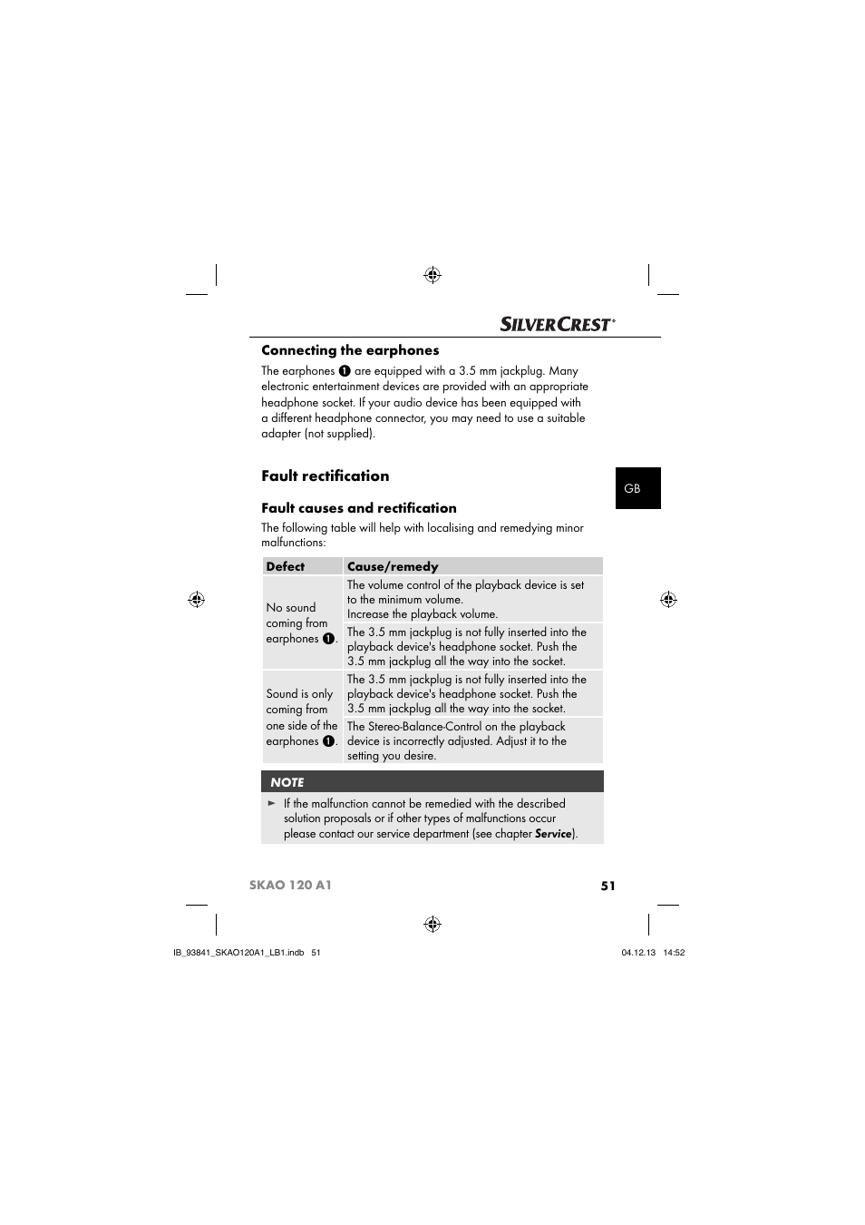 Fault rectiﬁ cation, Connecting the earphones, Fault causes and rectiﬁ cation | Silvercrest SKAO 120 A1 User Manual | Page 54 / 59