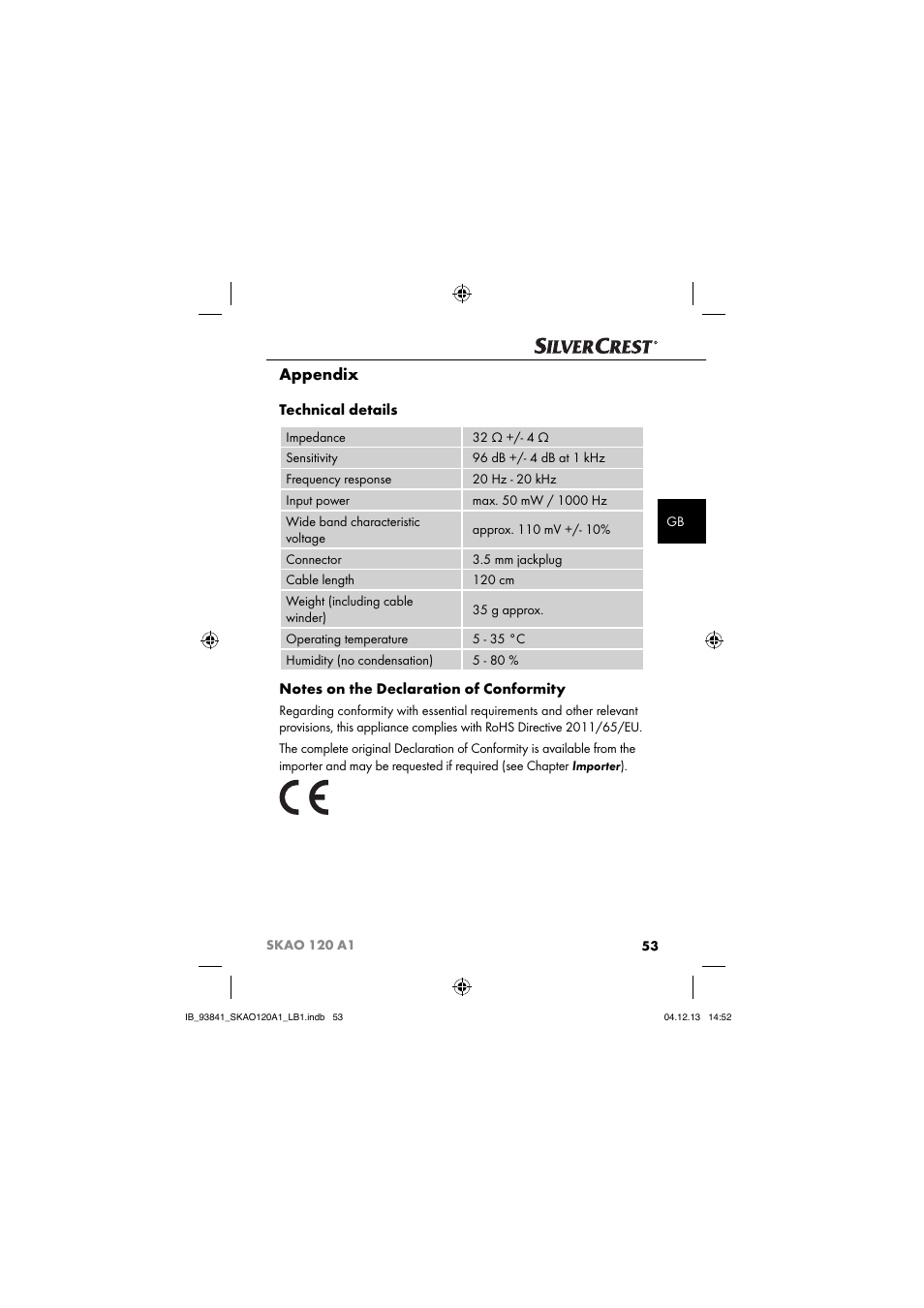 Appendix, Technical details | Silvercrest SKAO 120 A1 User Manual | Page 56 / 59