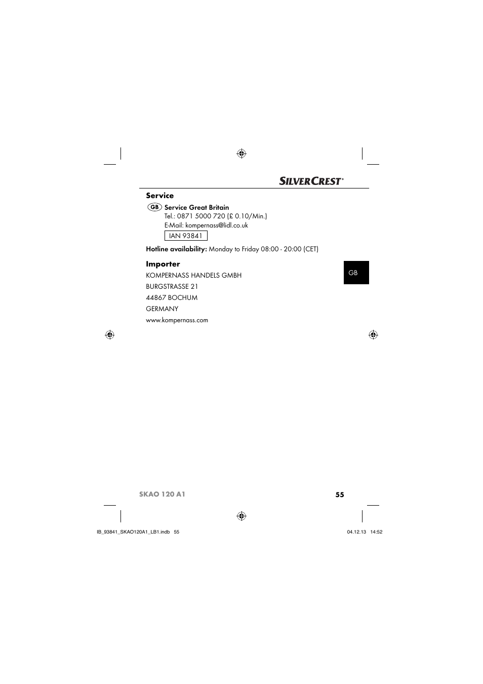 Service, Importer | Silvercrest SKAO 120 A1 User Manual | Page 58 / 59