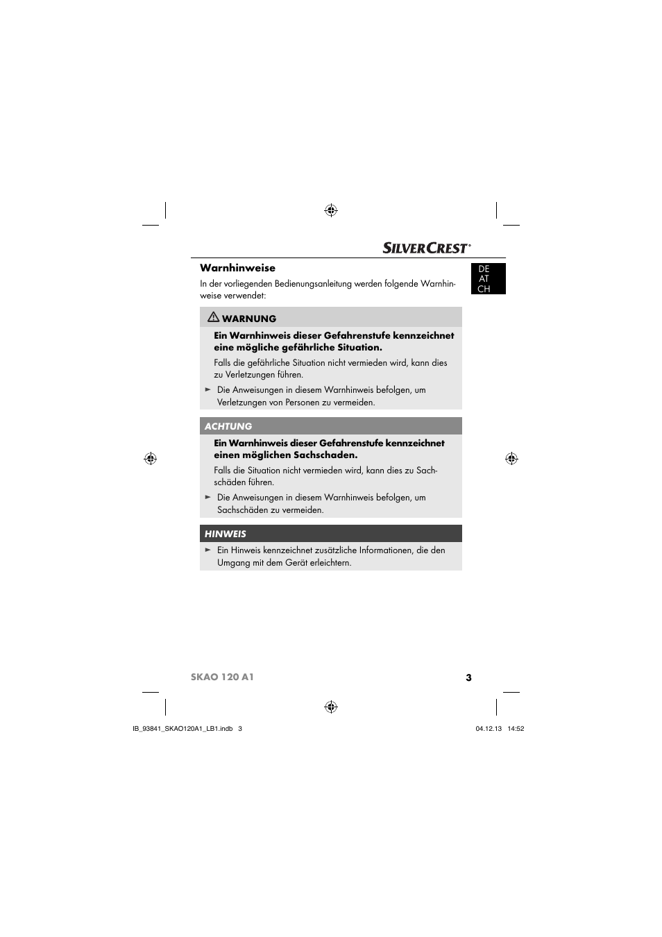 Warnhinweise | Silvercrest SKAO 120 A1 User Manual | Page 6 / 59